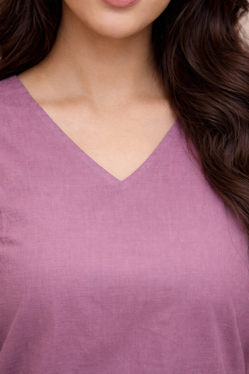 DIONVIC Women Mauve V-Neck Bell Sleeve Kurti with Lace Detail