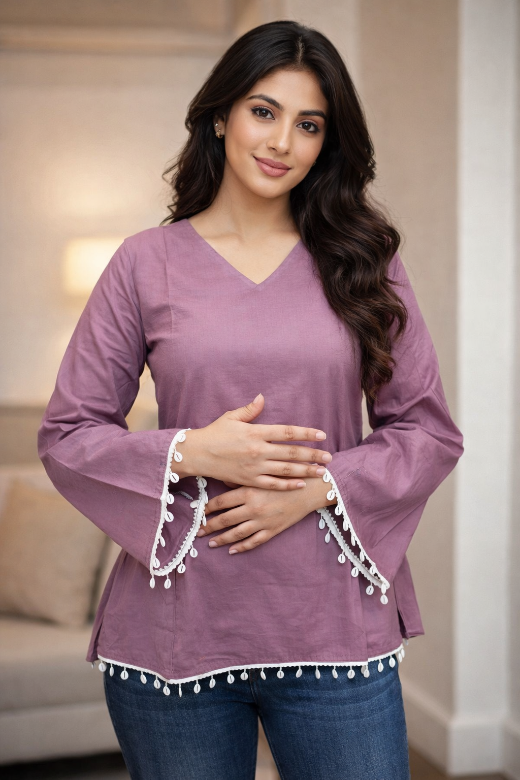 DIONVIC Women Mauve V-Neck Bell Sleeve Kurti with Lace Detail