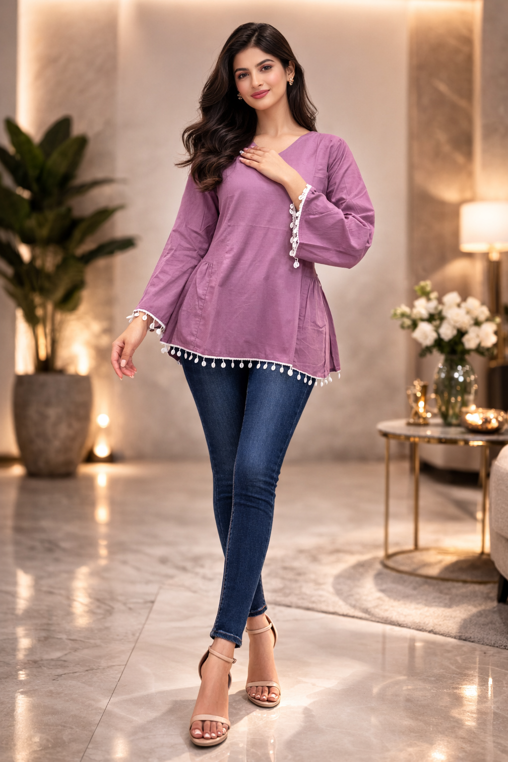 DIONVIC Women Mauve V-Neck Bell Sleeve Kurti with Lace Detail