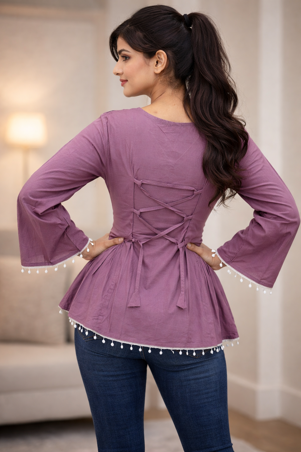 DIONVIC Women Mauve V-Neck Bell Sleeve Kurti with Lace Detail