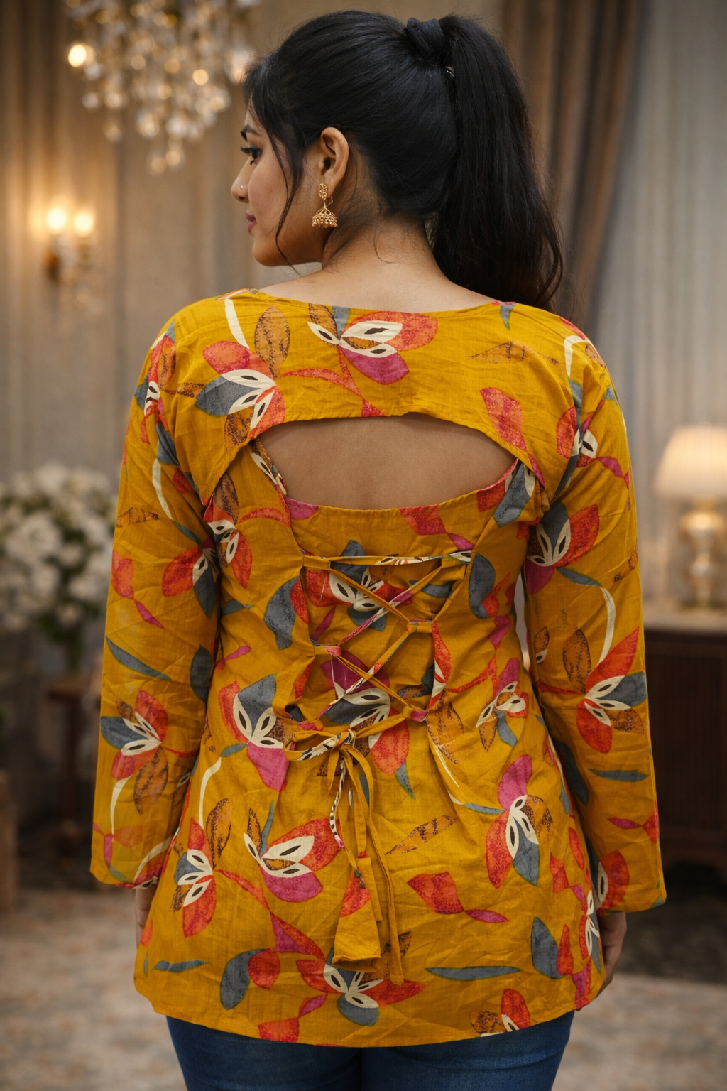 Women Mustard Floral Kurti with Bell Sleeves