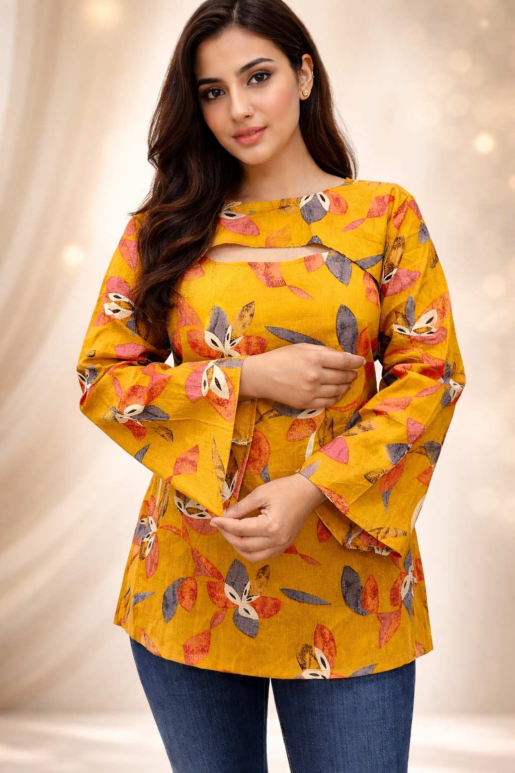 Women Mustard Floral Kurti with Bell Sleeves