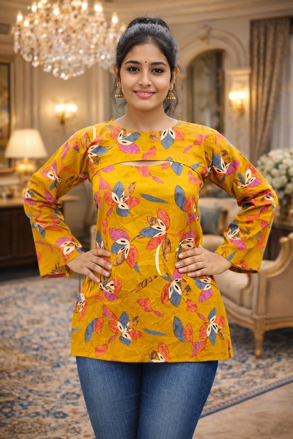 Women Mustard Floral Kurti with Bell Sleeves