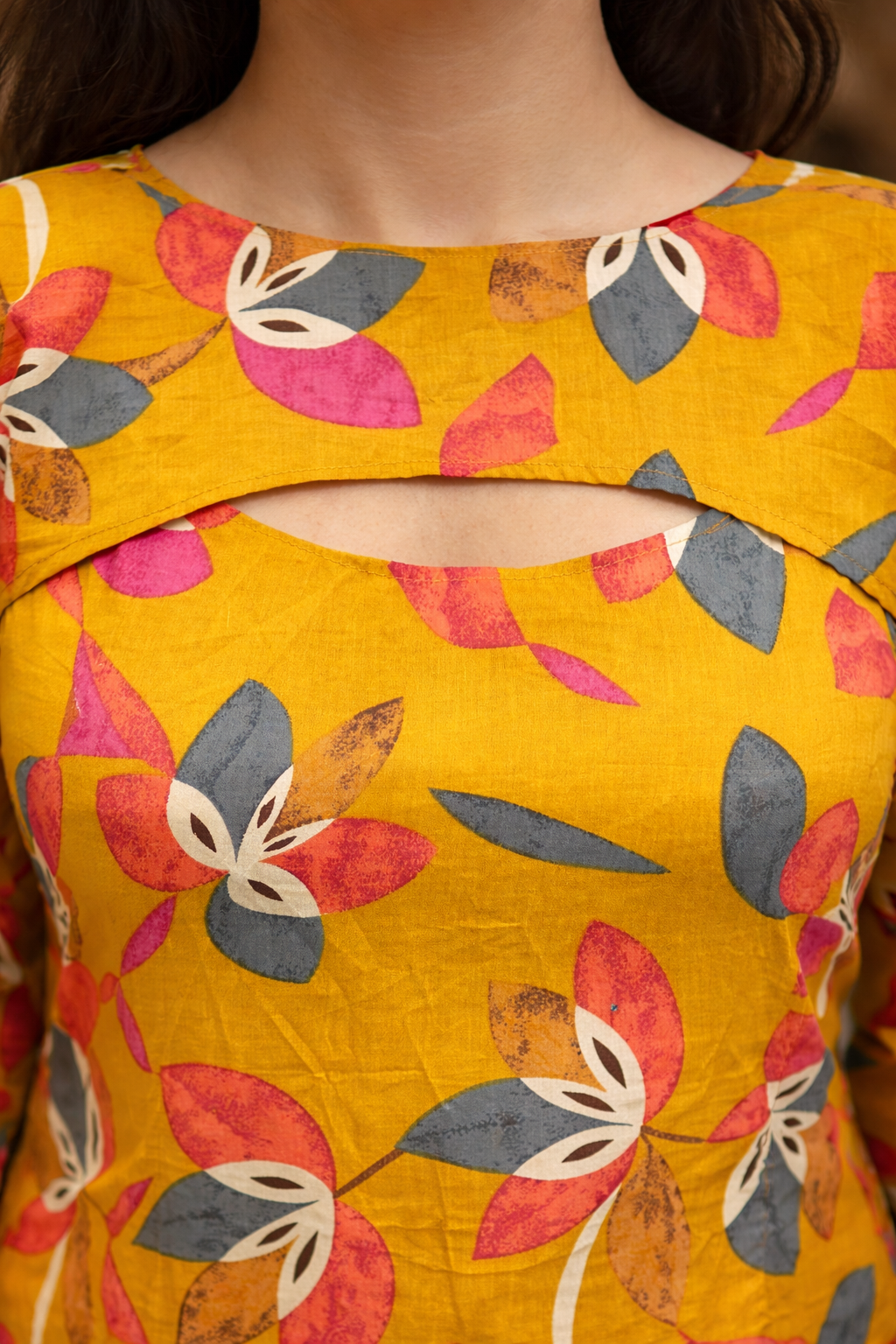 Women Mustard Floral Kurti with Bell Sleeves