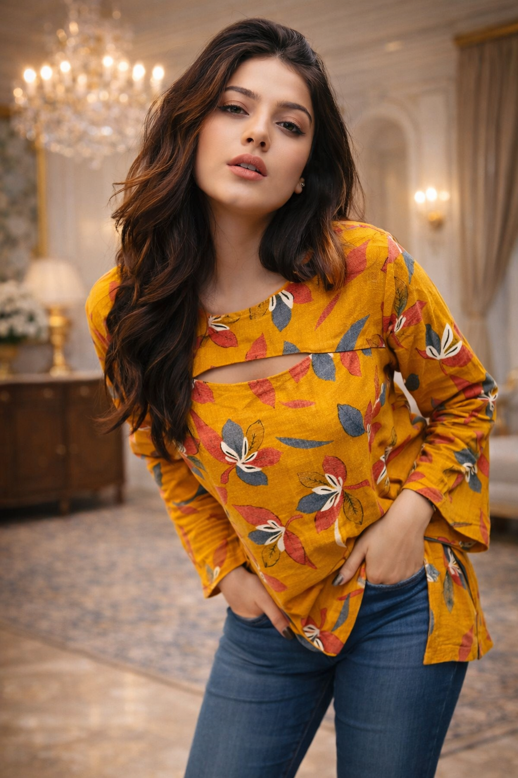 Women Mustard Floral Kurti with Bell Sleeves