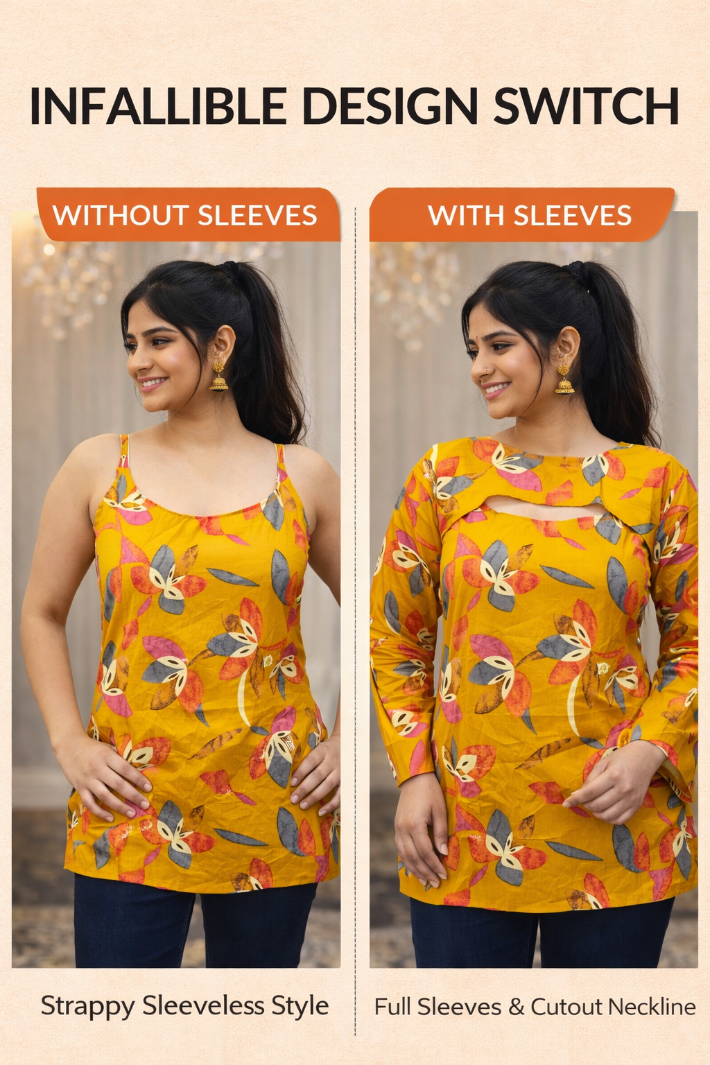 Women Mustard Floral Kurti with Bell Sleeves