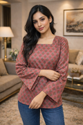 Dusty Rose Printed Short Kurti with Bell Sleeves