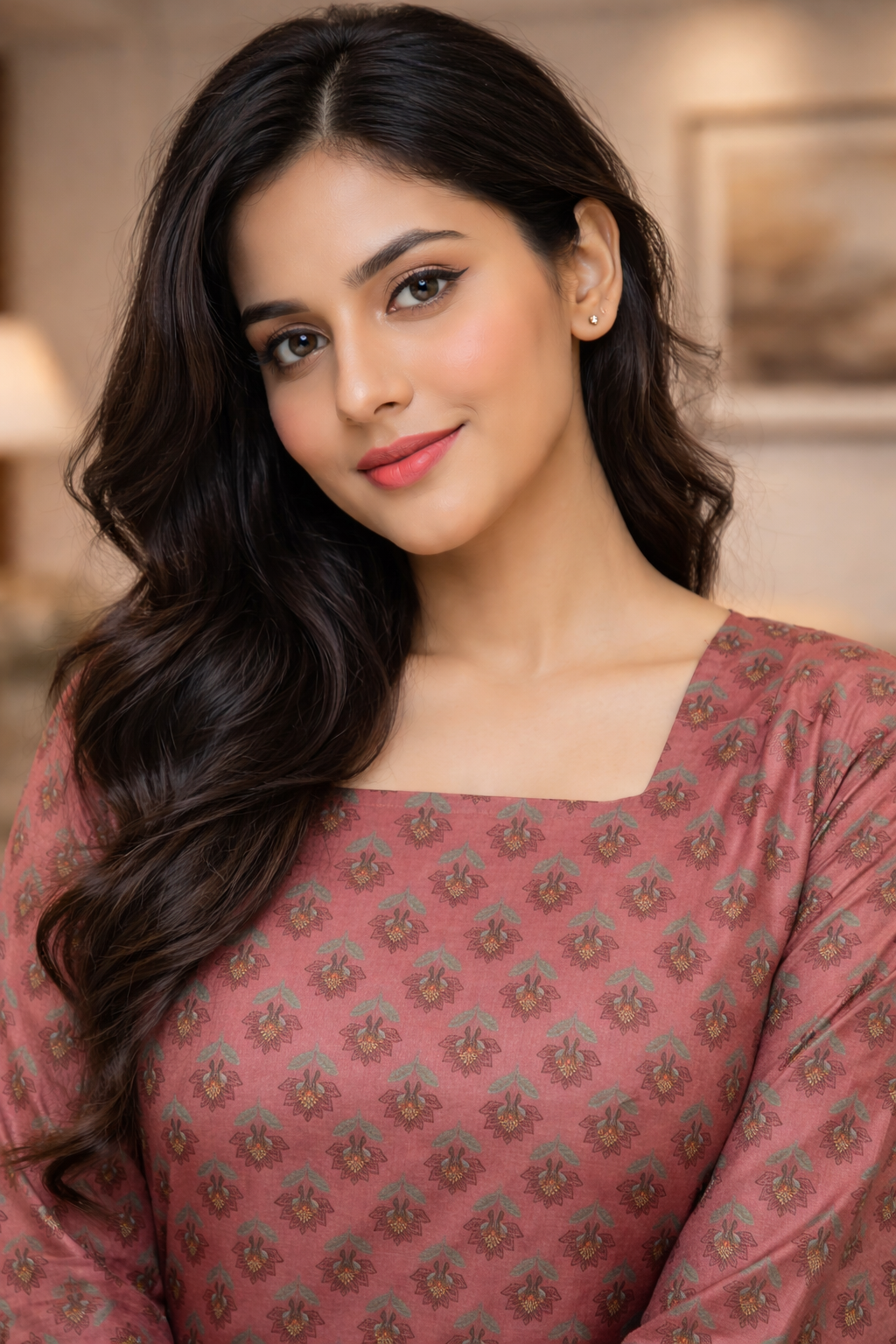 Dusty Rose Printed Short Kurti with Bell Sleeves