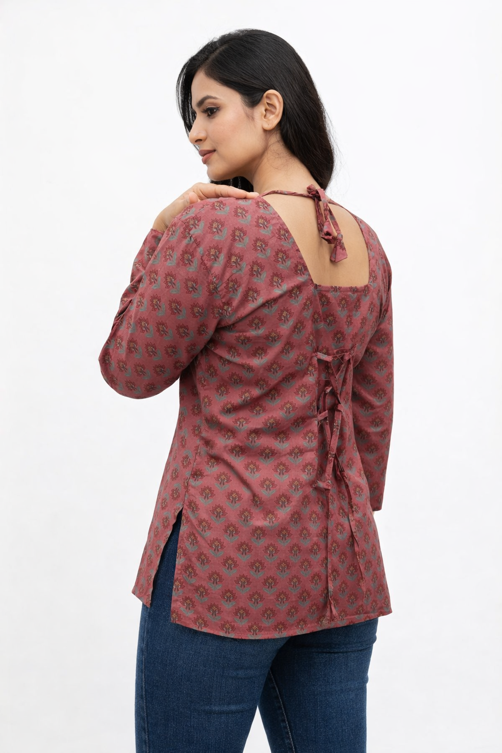 Dusty Rose Printed Short Kurti with Bell Sleeves
