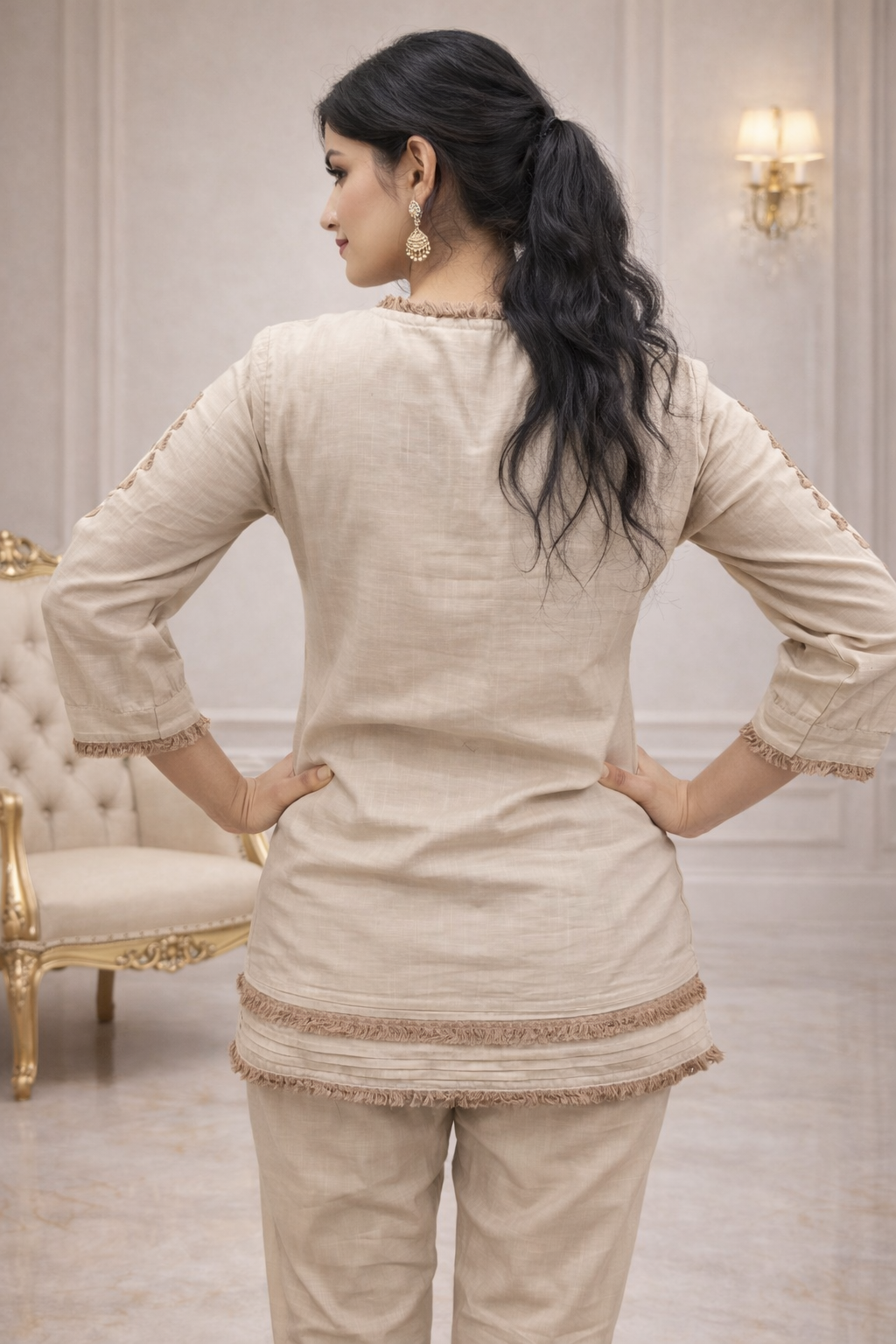 DIONVIC Beige Embroidered Co-Ord Set for Women