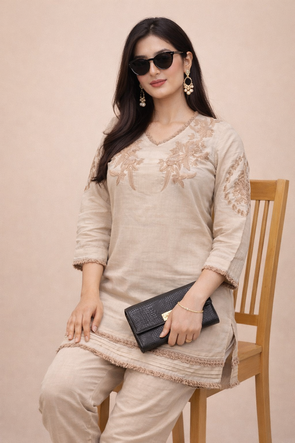 DIONVIC Beige Embroidered Co-Ord Set for Women
