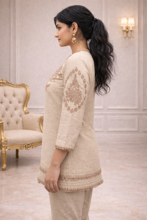 DIONVIC Beige Embroidered Co-Ord Set for Women