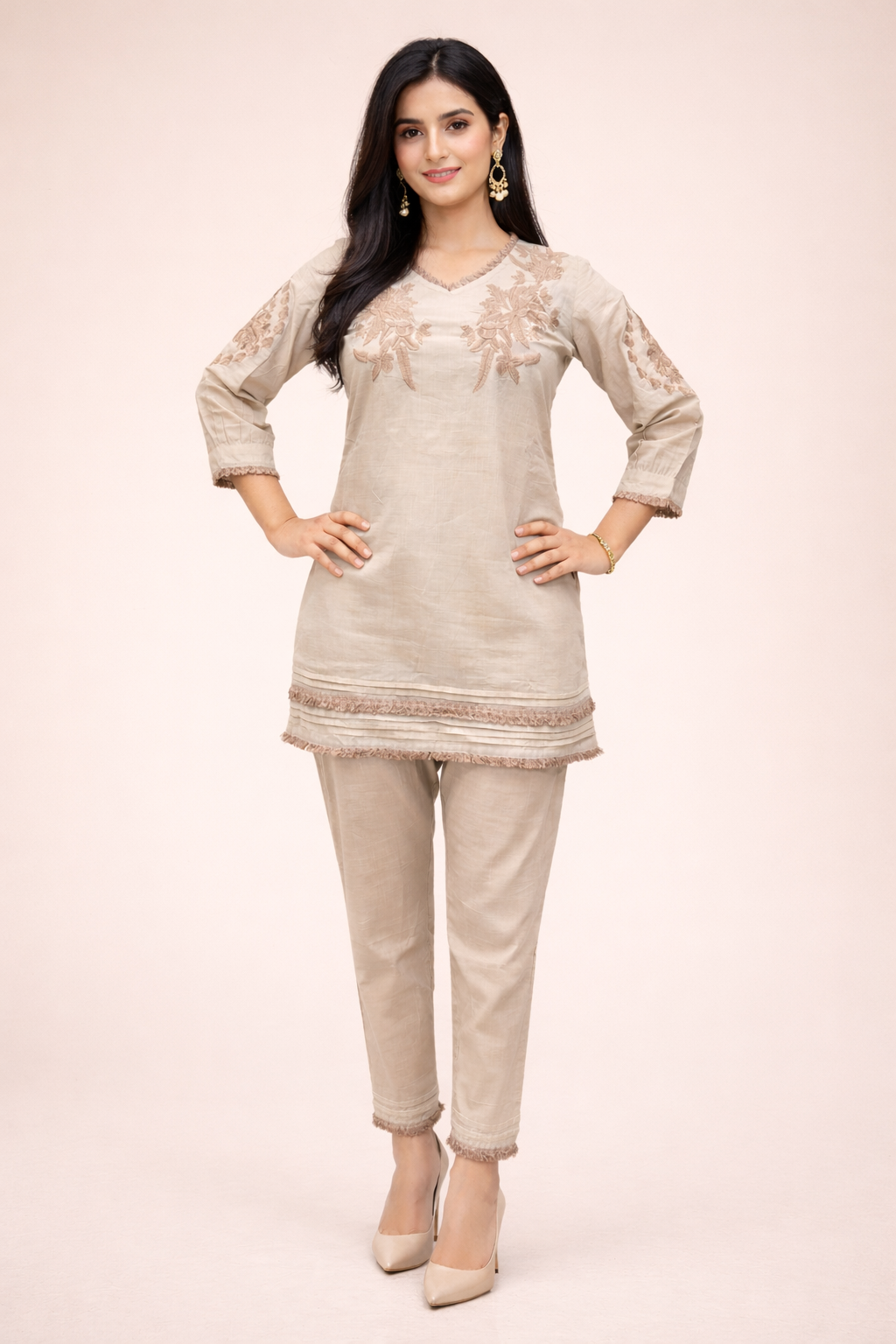 DIONVIC Beige Embroidered Co-Ord Set for Women