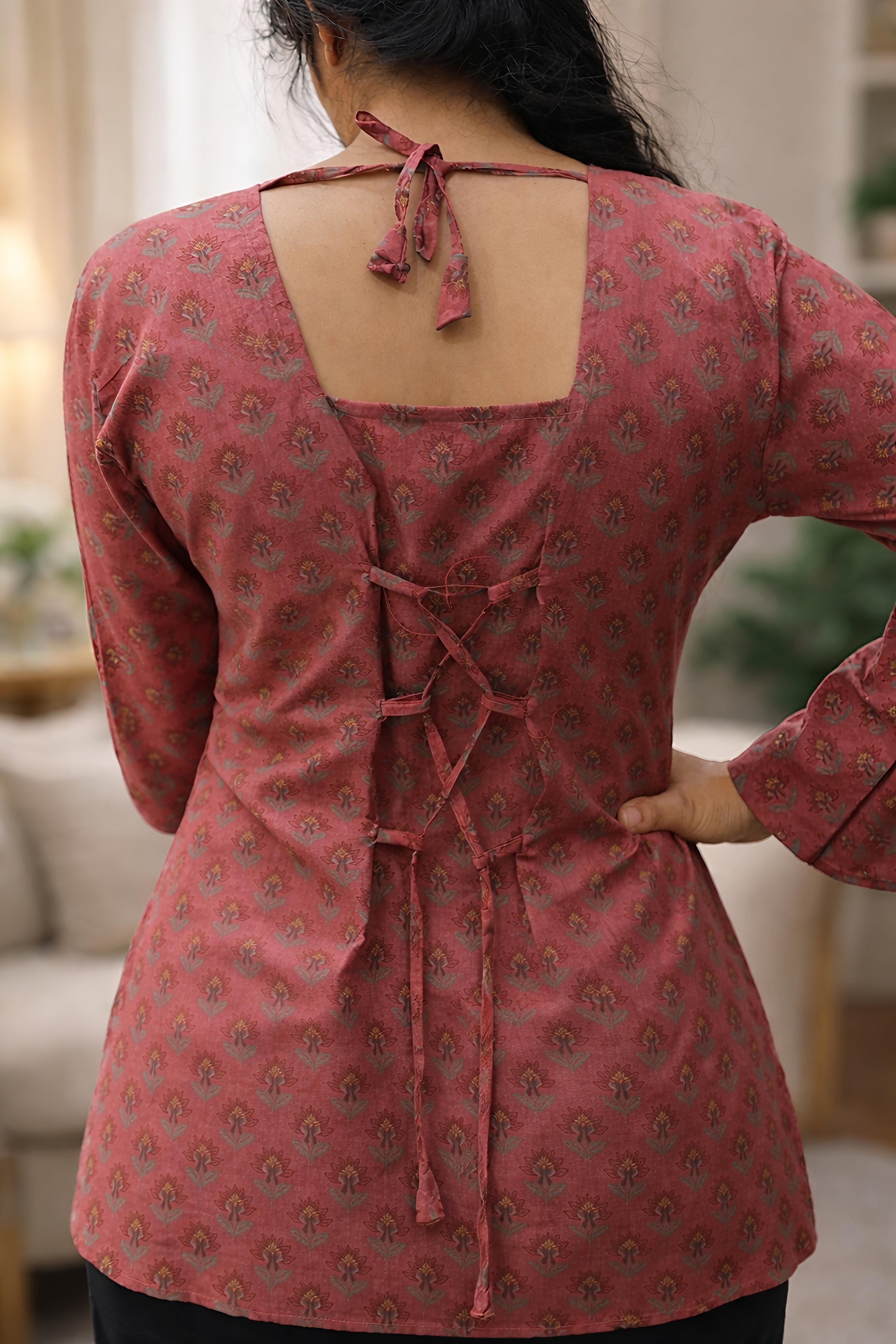 Dusty Rose Printed Short Kurti with Bell Sleeves