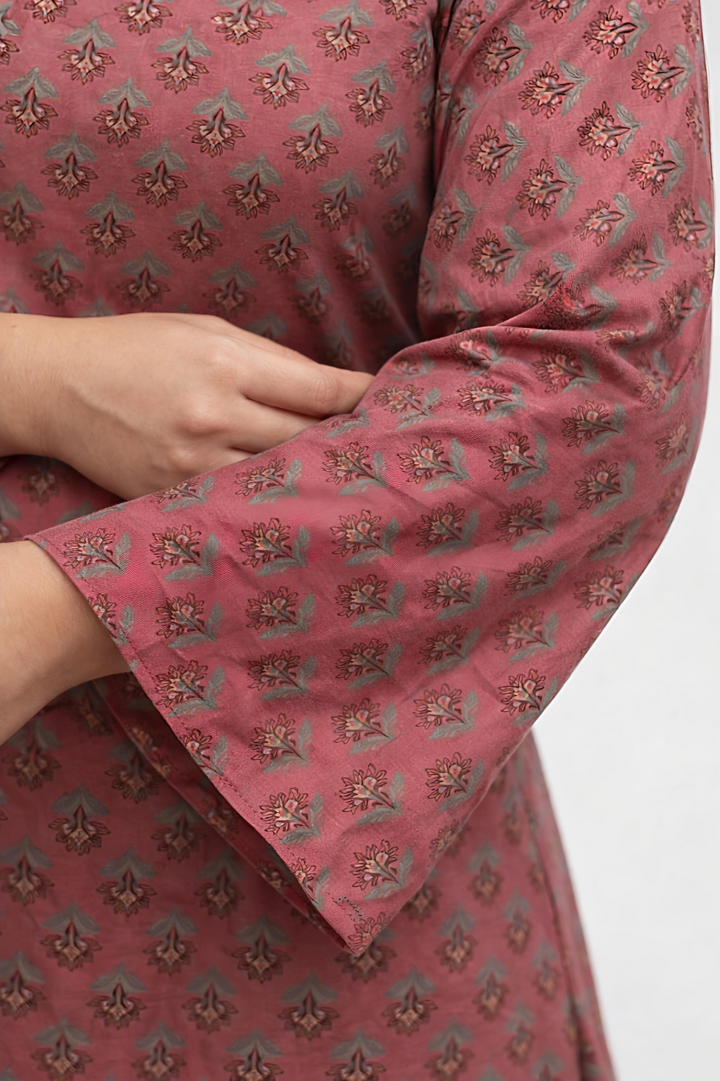 Dusty Rose Printed Short Kurti with Bell Sleeves