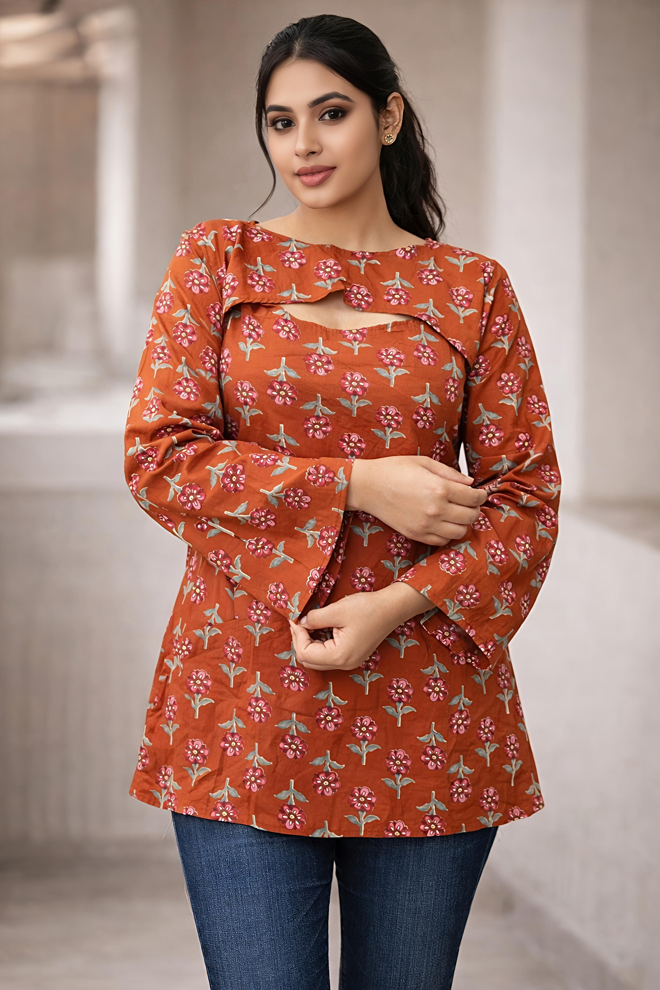 DIONVIC 2-in-1 Floral Rust Kurti with Detachable Yoke & Sleeves