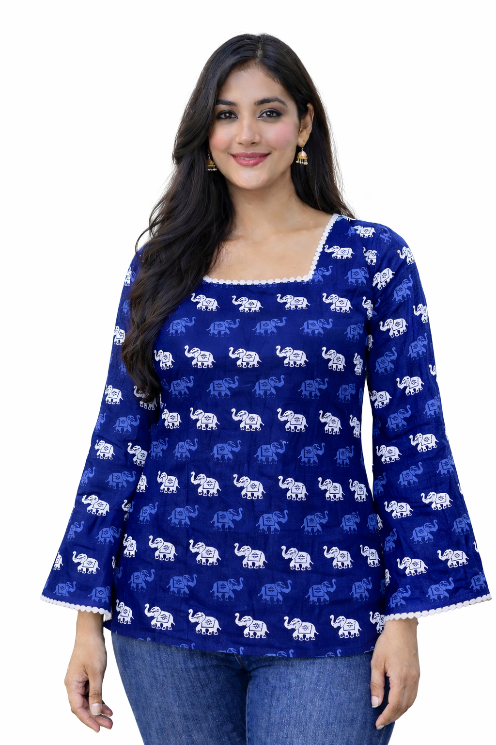 Women’s Navy Blue Elephant Print Square Neck Bell Sleeve Short Kurti