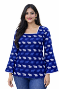 Women’s Navy Blue Elephant Print Square Neck Bell Sleeve Short Kurti