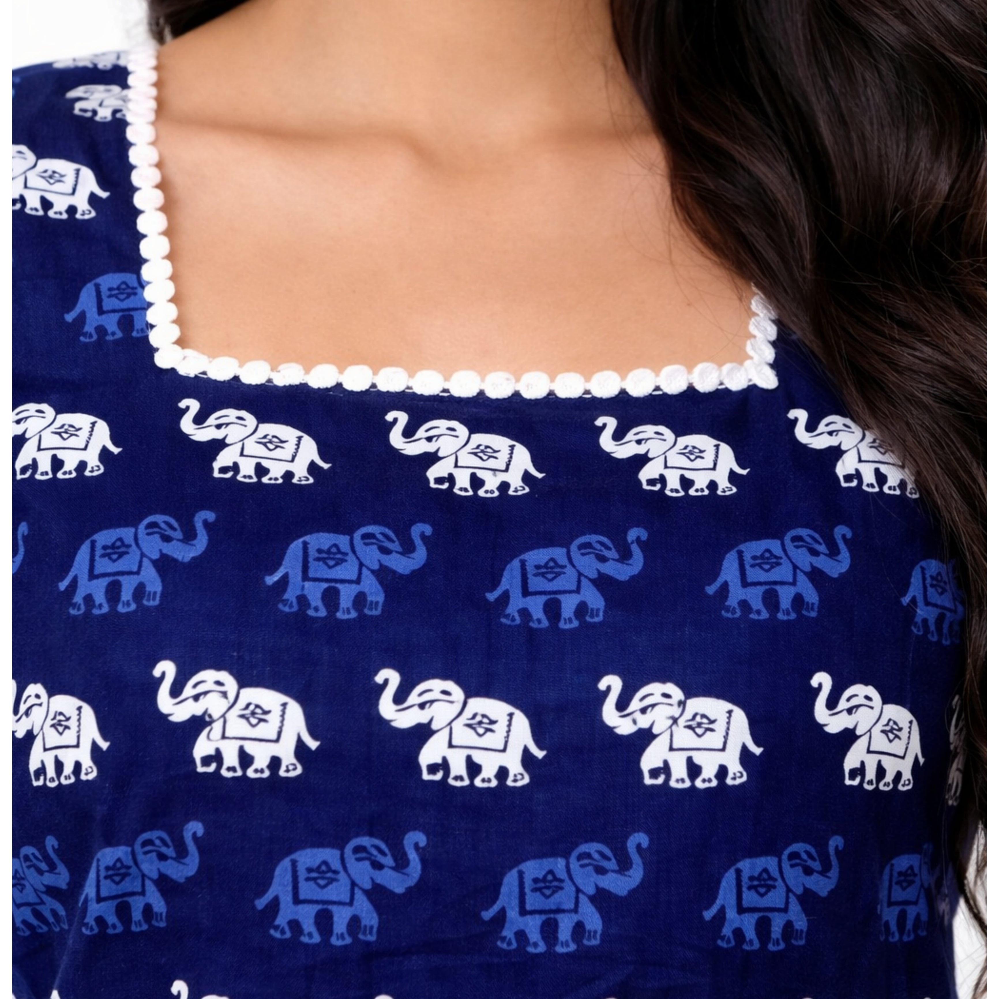 Women’s Navy Blue Elephant Print Square Neck Bell Sleeve Short Kurti