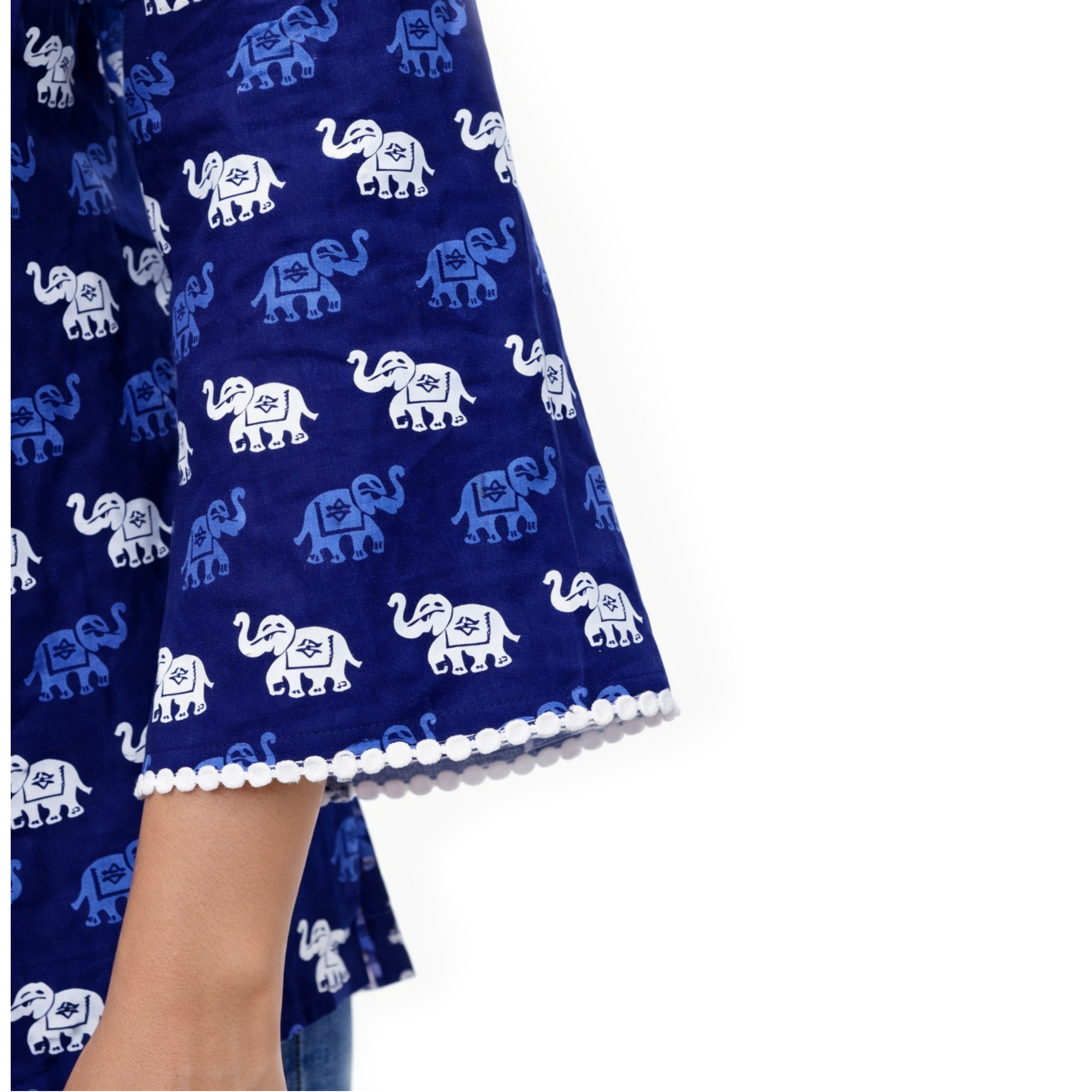 Women’s Navy Blue Elephant Print Square Neck Bell Sleeve Short Kurti