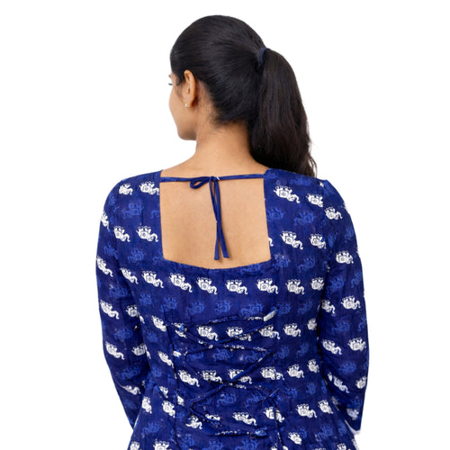 Women’s Navy Blue Elephant Print Square Neck Bell Sleeve Short Kurti