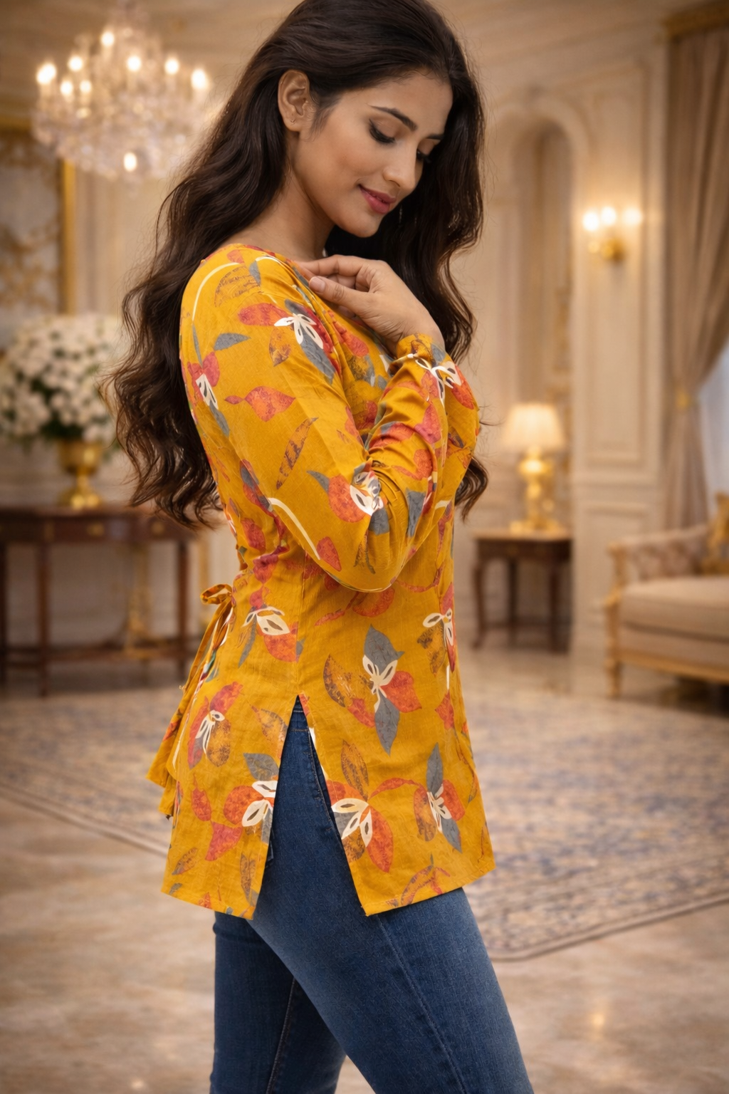 Women Mustard Floral Kurti with Bell Sleeves