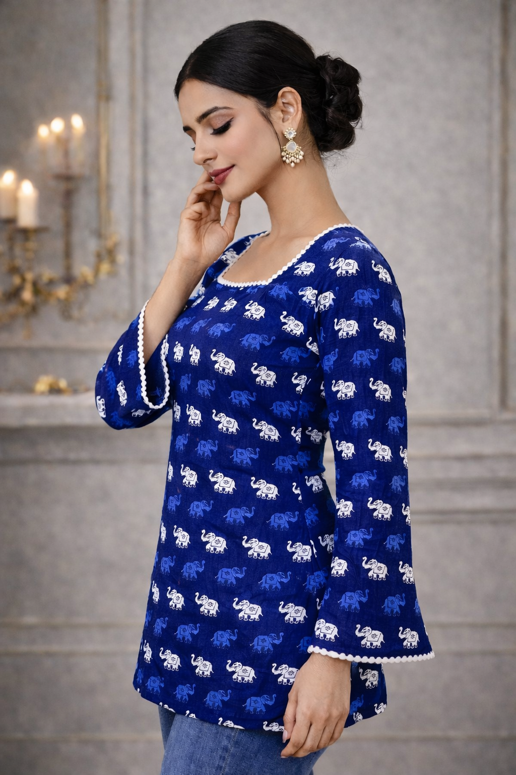 Women’s Navy Blue Elephant Print Square Neck Bell Sleeve Short Kurti