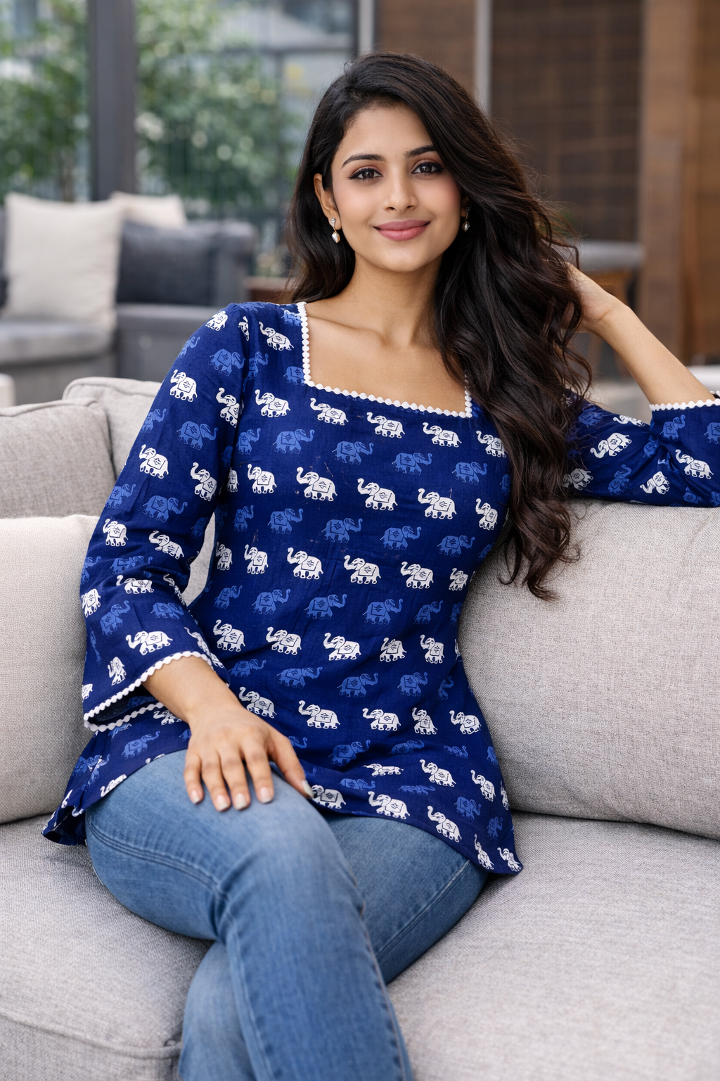 Women’s Navy Blue Elephant Print Square Neck Bell Sleeve Short Kurti