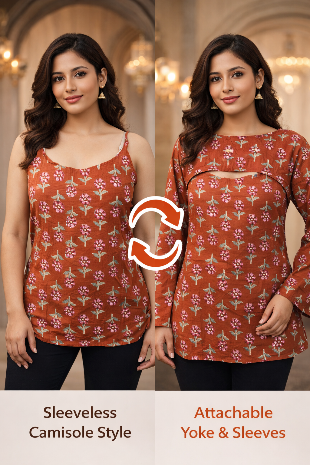 DIONVIC 2-in-1 Floral Rust Kurti with Detachable Yoke & Sleeves