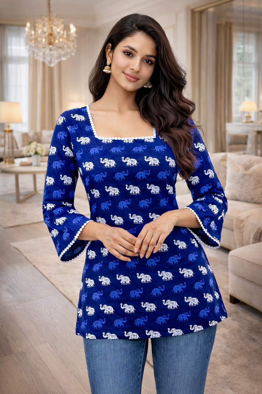 Women’s Navy Blue Elephant Print Square Neck Bell Sleeve Short Kurti