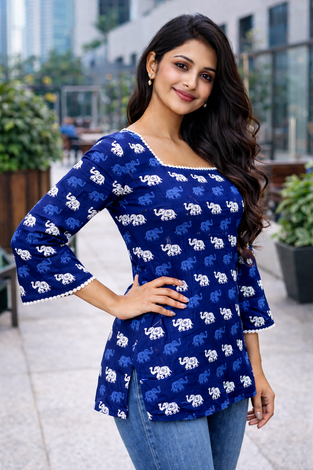 Women’s Navy Blue Elephant Print Square Neck Bell Sleeve Short Kurti
