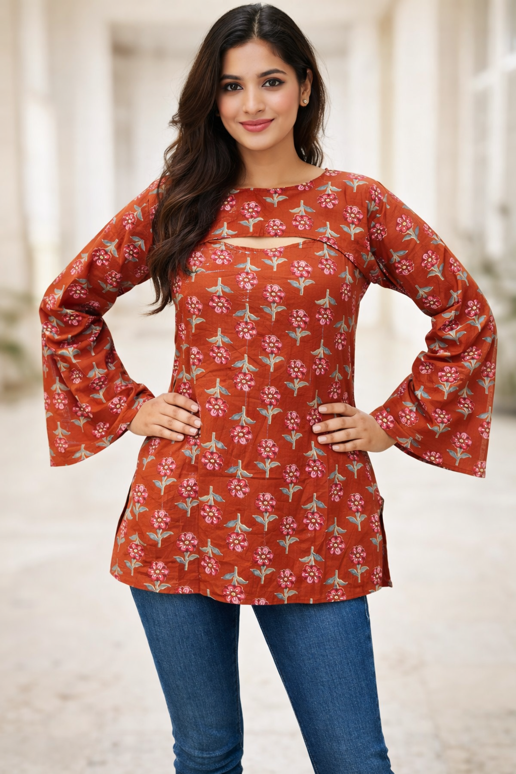 DIONVIC 2-in-1 Floral Rust Kurti with Detachable Yoke & Sleeves