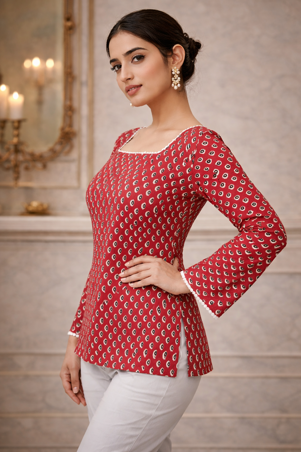 Women's Maroon & White Printed Short Kurti with Bell Sleeves and Lace Detail