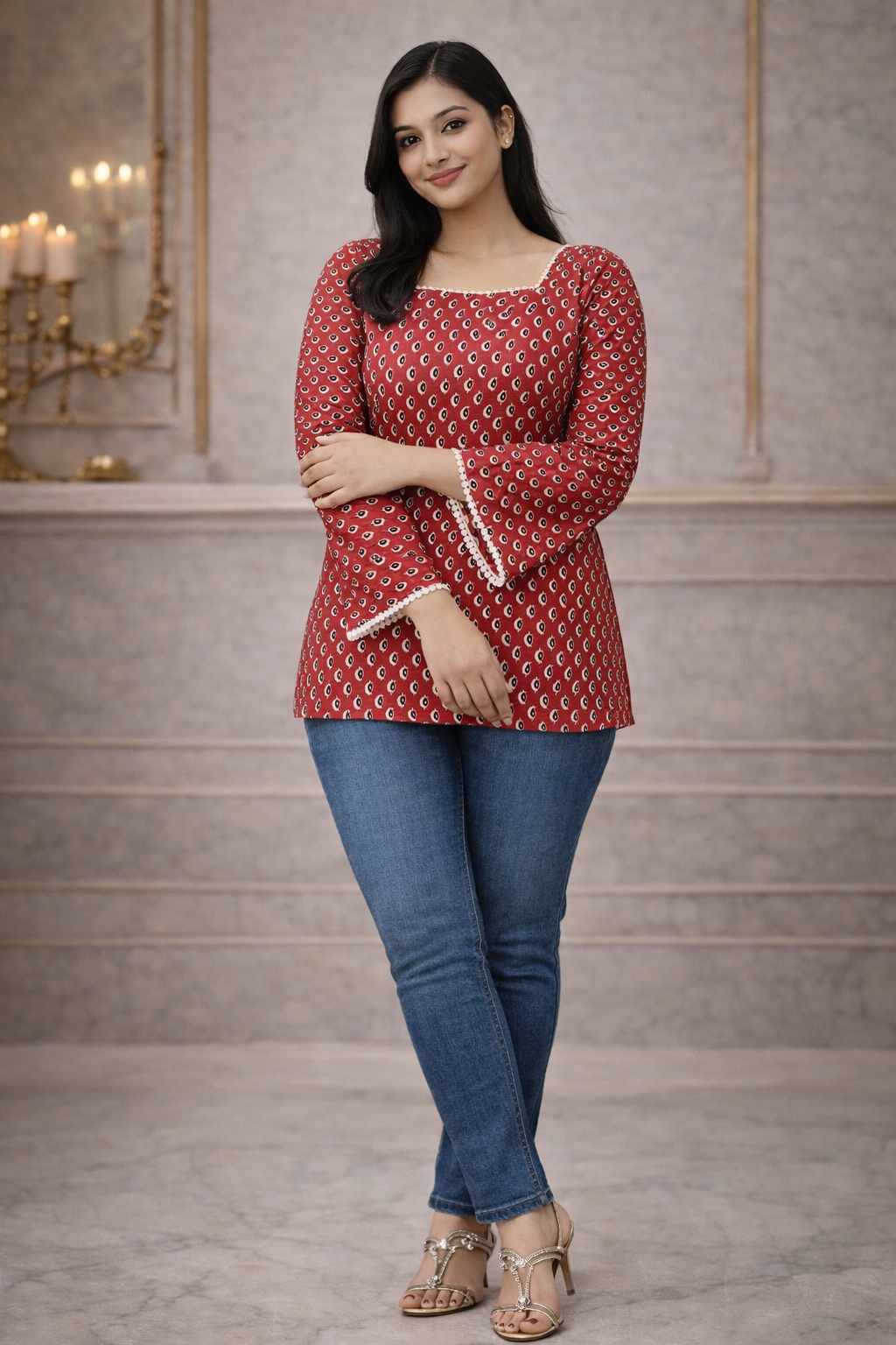 Women's Maroon & White Printed Short Kurti with Bell Sleeves and Lace Detail