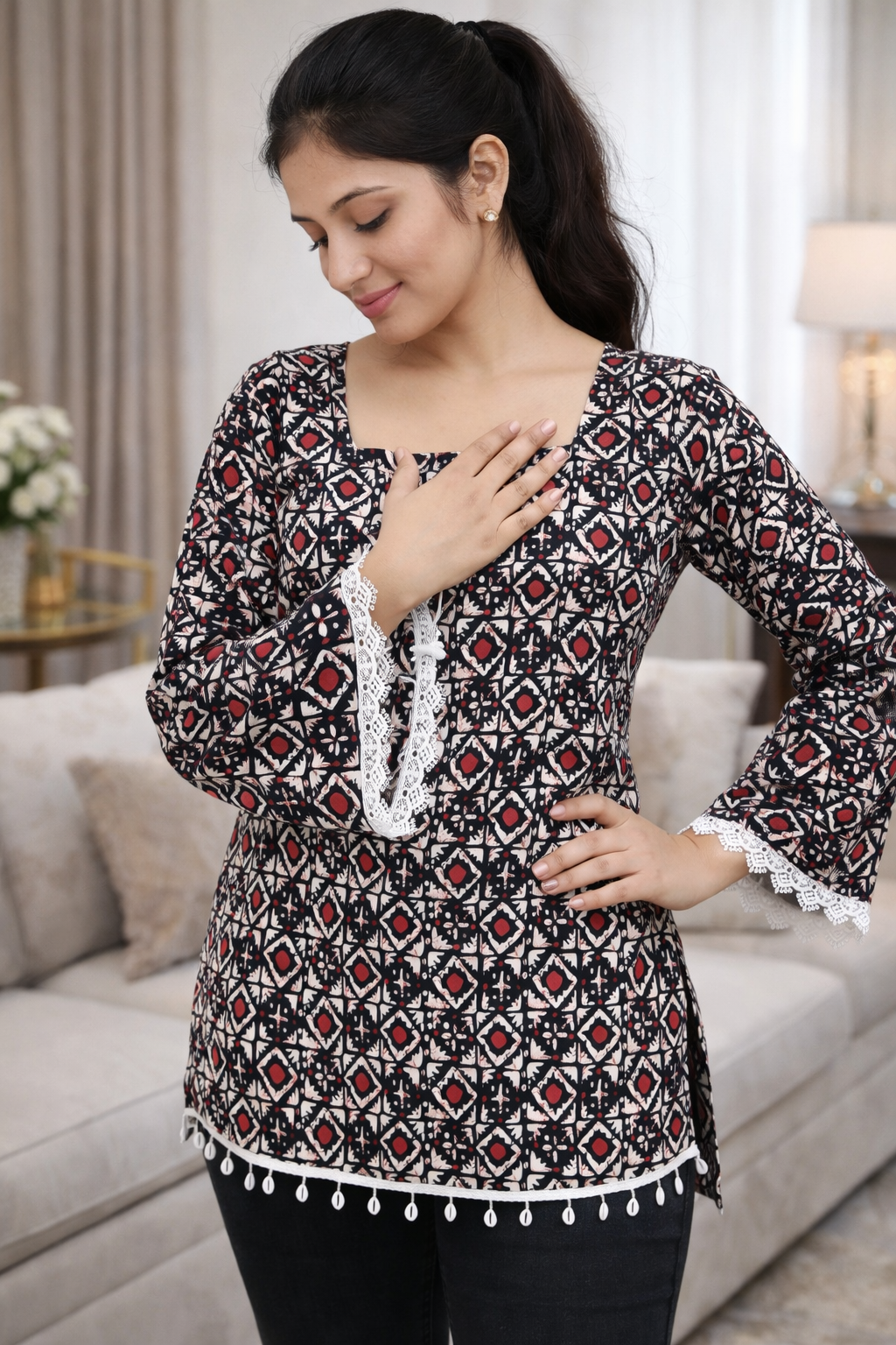 Black Geometric Print Short Kurti with Lace Detail & Bell Sleeves