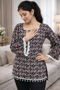 Black Geometric Print Short Kurti with Lace Detail & Bell Sleeves