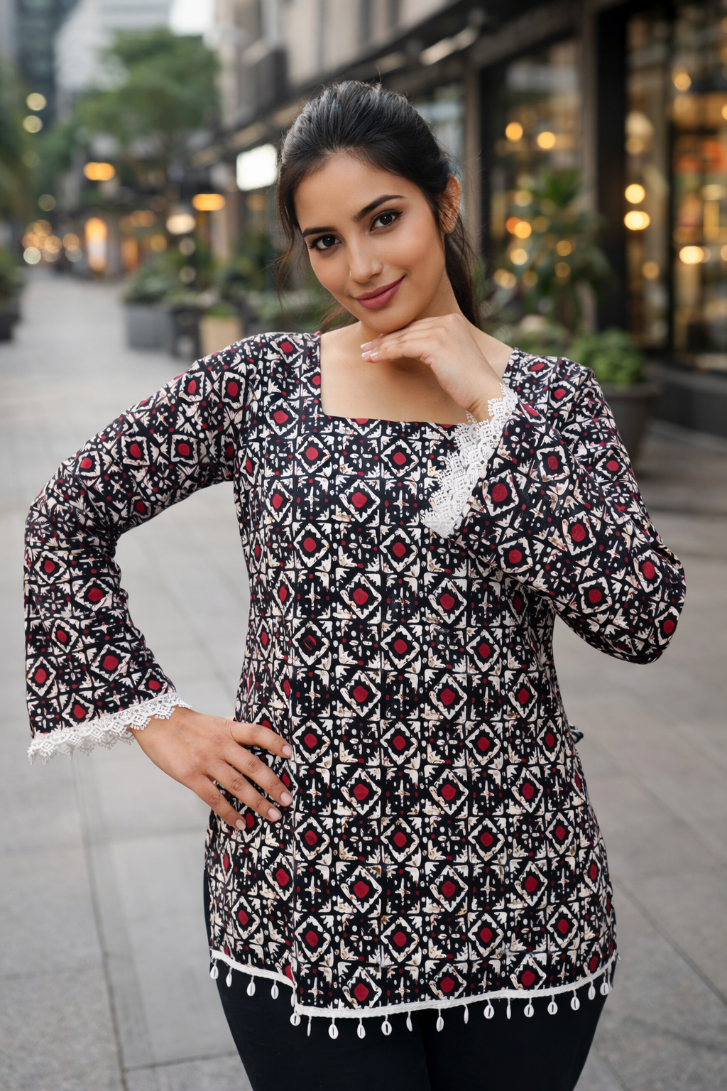 Black Geometric Print Short Kurti with Lace Detail & Bell Sleeves