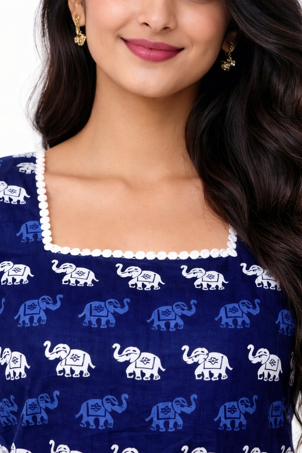 Women’s Navy Blue Elephant Print Square Neck Bell Sleeve Short Kurti
