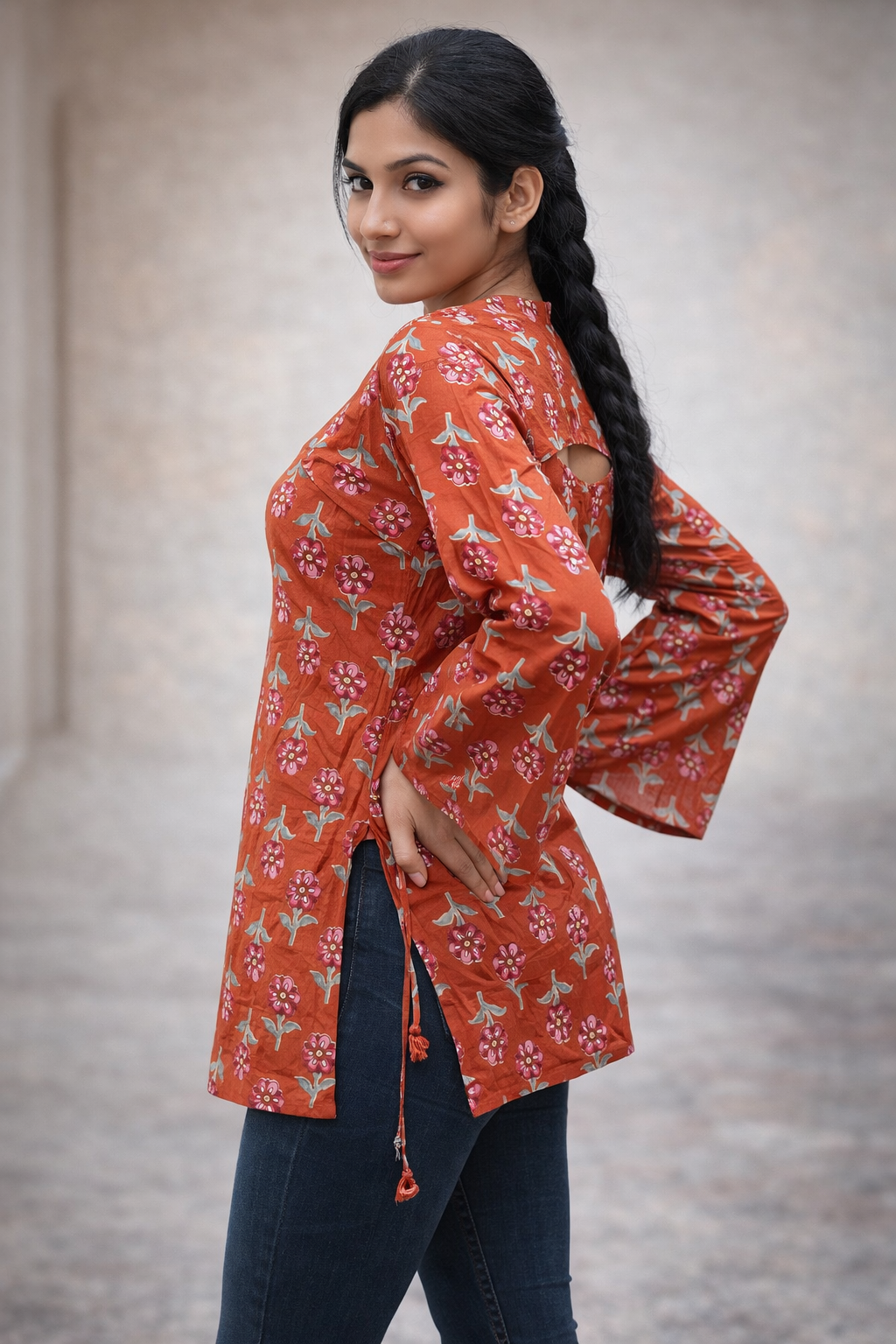 DIONVIC 2-in-1 Floral Rust Kurti with Detachable Yoke & Sleeves