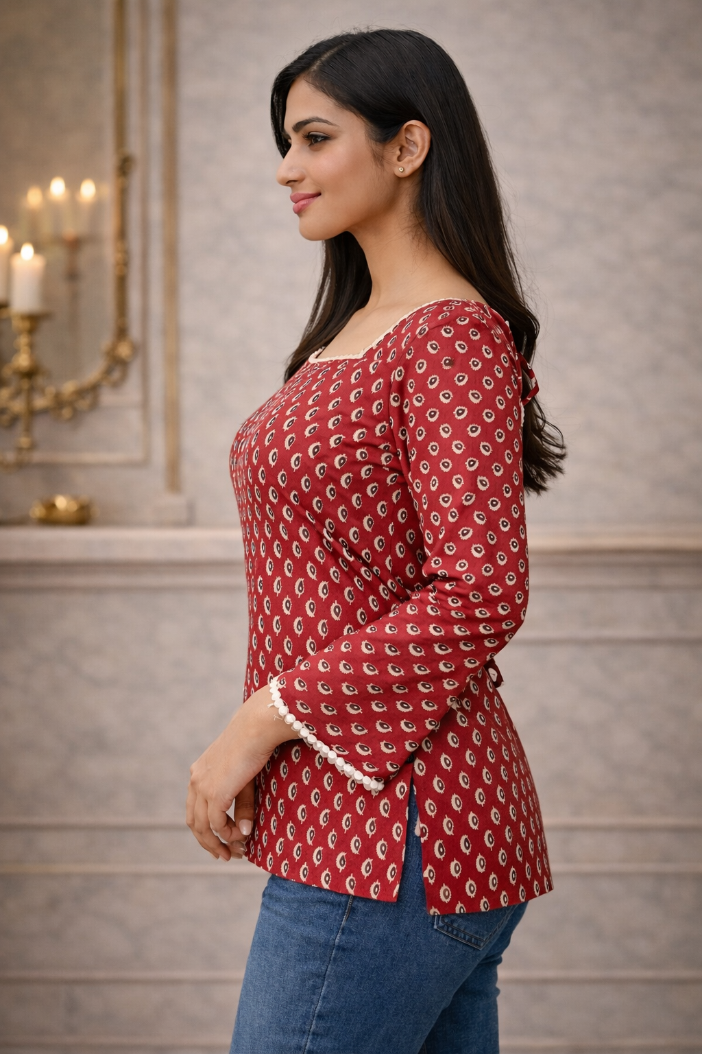 Women's Maroon & White Printed Short Kurti with Bell Sleeves and Lace Detail