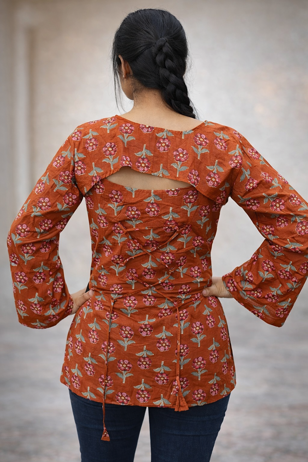 DIONVIC 2-in-1 Floral Rust Kurti with Detachable Yoke & Sleeves