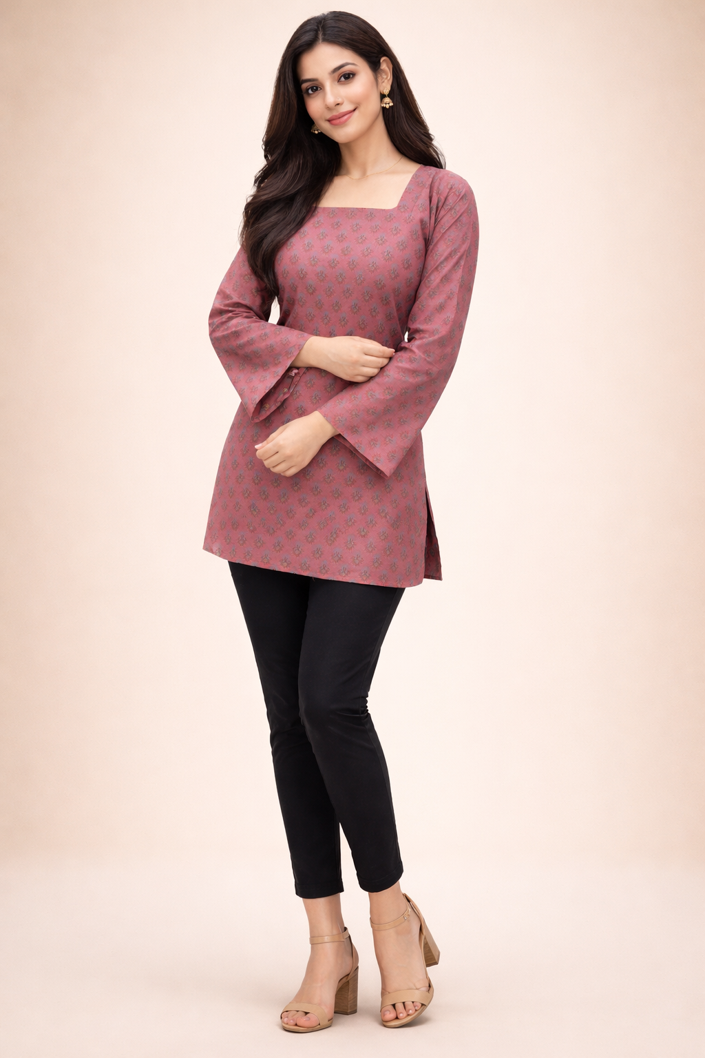 Dusty Rose Printed Short Kurti with Bell Sleeves