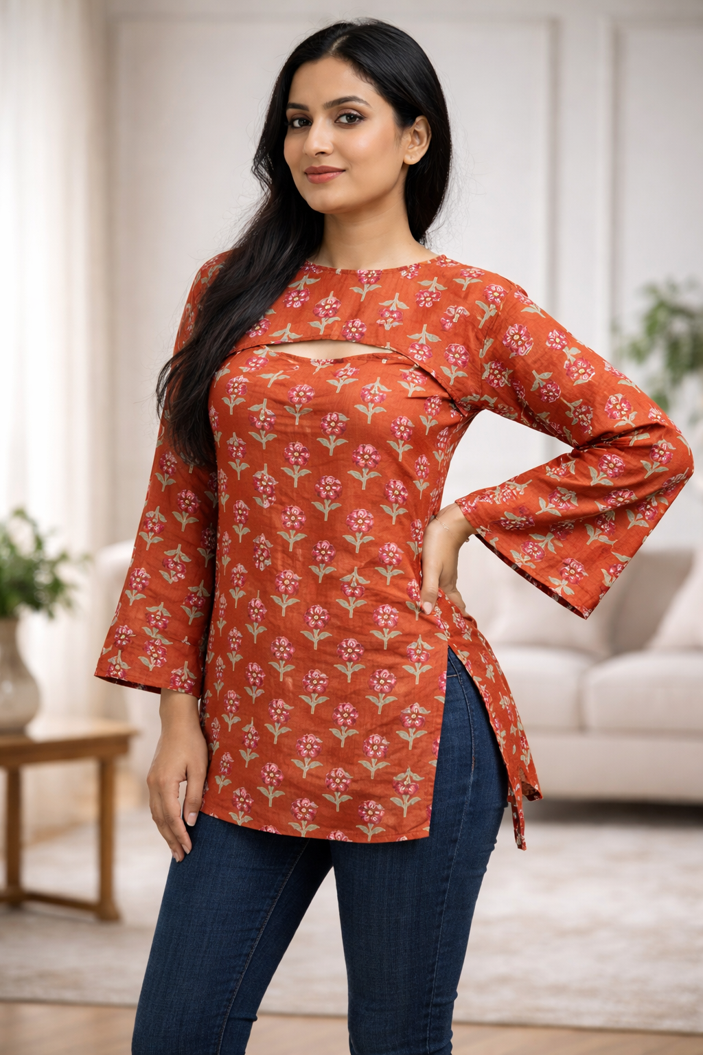 DIONVIC 2-in-1 Floral Rust Kurti with Detachable Yoke & Sleeves