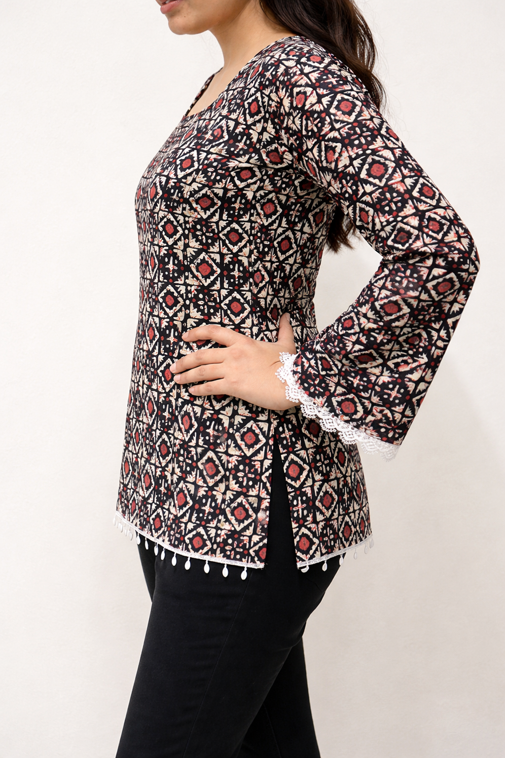 Black Geometric Print Short Kurti with Lace Detail & Bell Sleeves