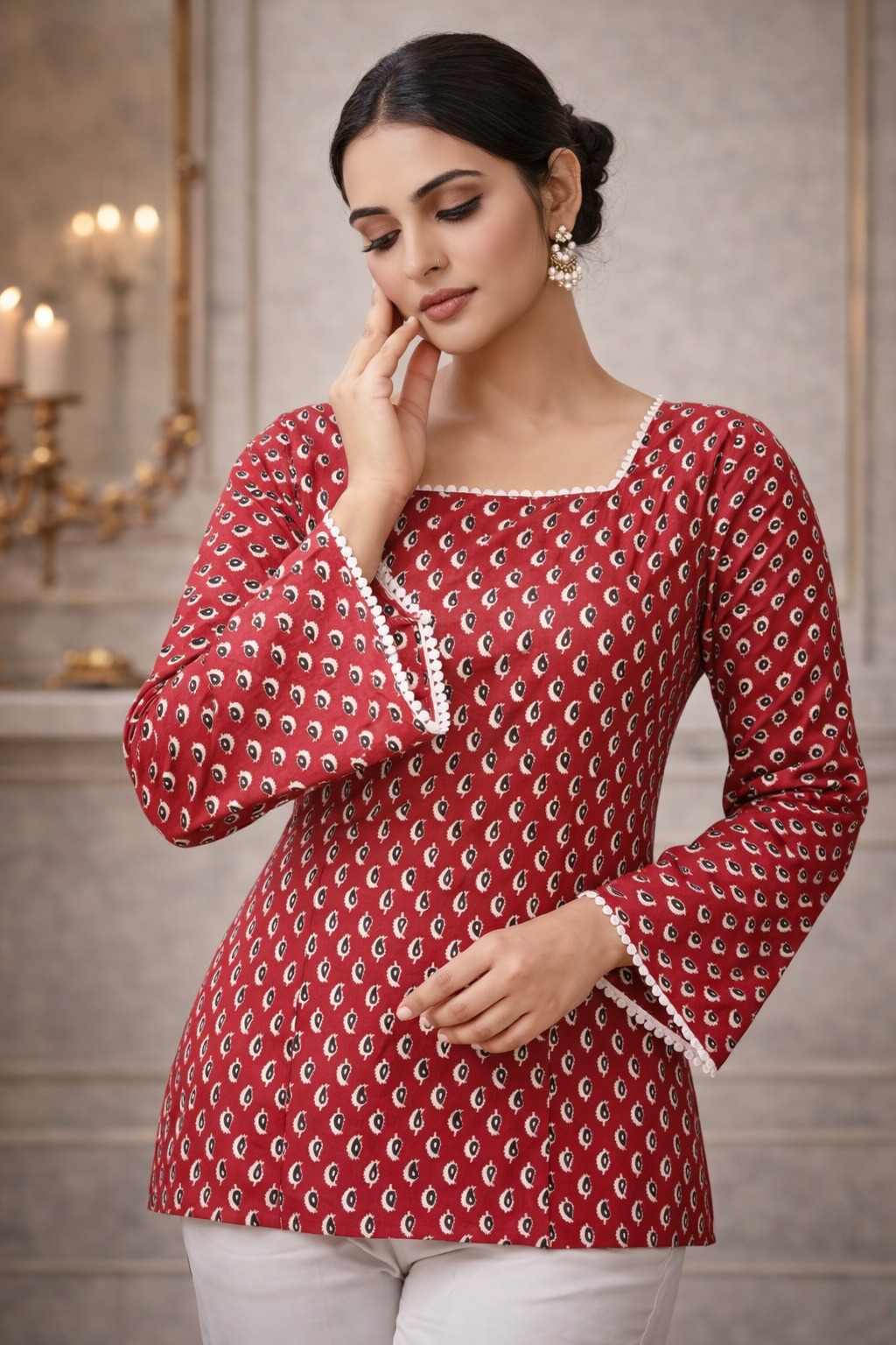 Women's Maroon & White Printed Short Kurti with Bell Sleeves and Lace Detail
