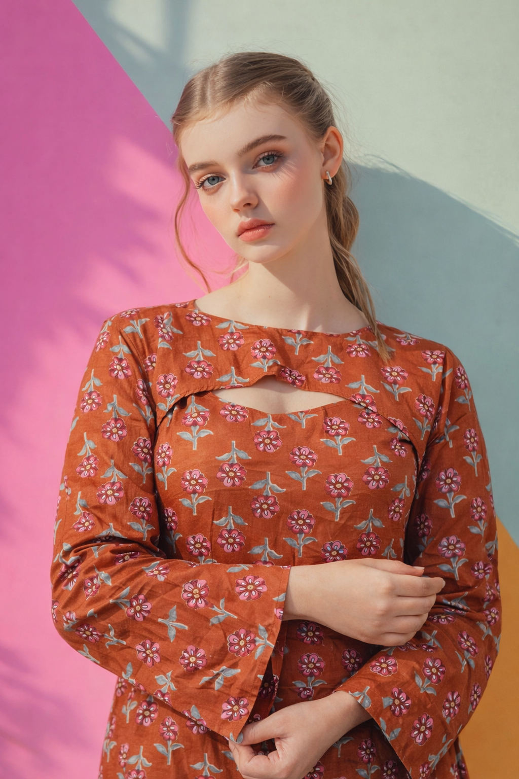 DIONVIC 2-in-1 Floral Rust Kurti with Detachable Yoke & Sleeves