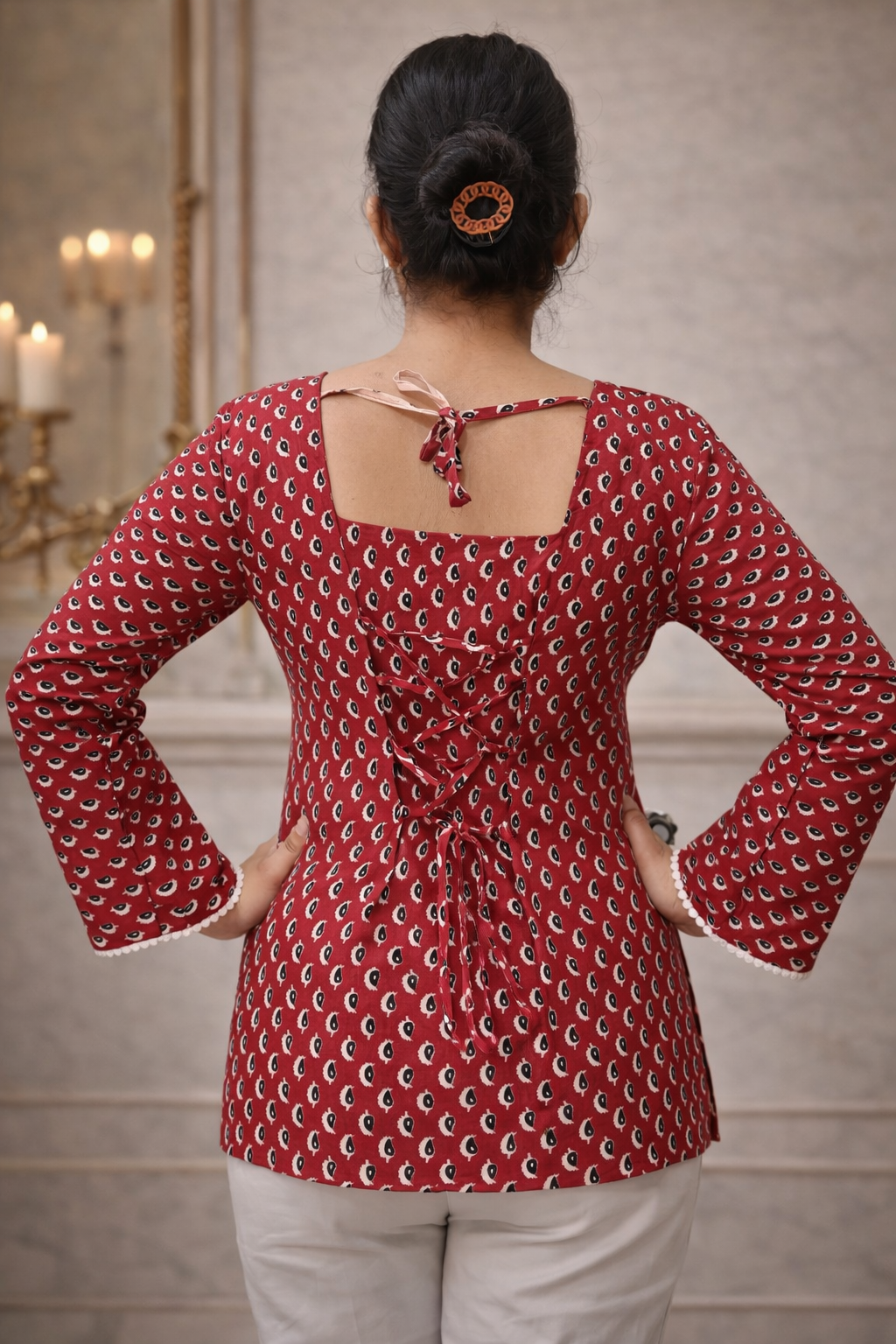 Women's Maroon & White Printed Short Kurti with Bell Sleeves and Lace Detail