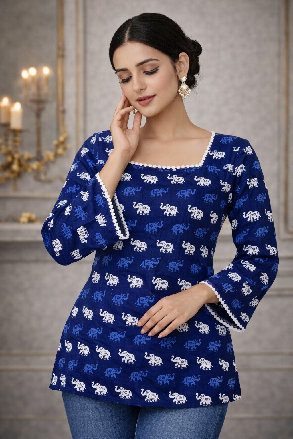 Women’s Navy Blue Elephant Print Square Neck Bell Sleeve Short Kurti