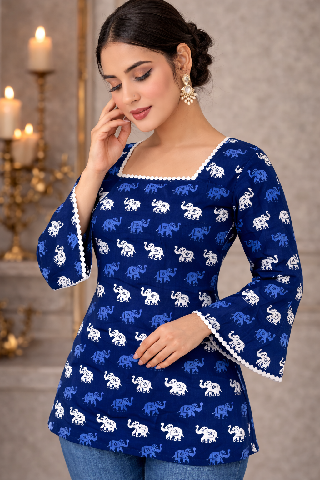 Women’s Navy Blue Elephant Print Square Neck Bell Sleeve Short Kurti